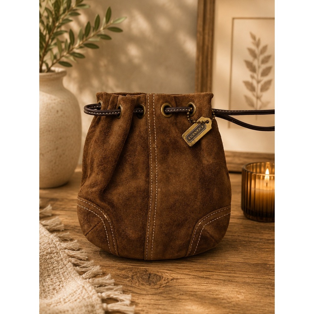Coach Brown Suede Drawstring Pouch Mini Bucket Bag Leather Trim Vintage Style
